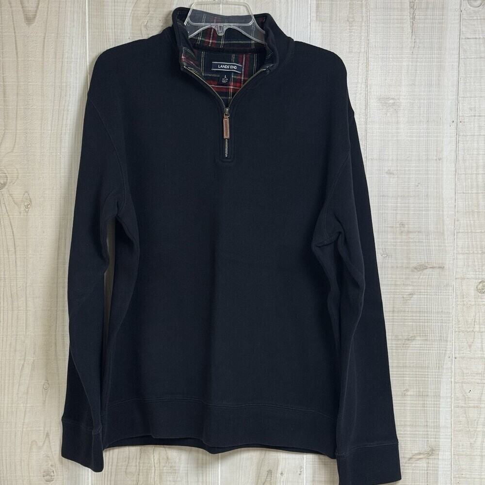 Lands' End Black Quarter Zip Pullover Sweatshirt Plaid Collar Cozy Casual Large